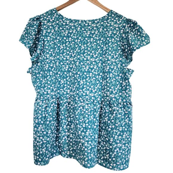 Womens Plus size 1X and 2X Teal/Pink Ditsy Floral Round Neck Short Sleeve Blouse - Picture 6 of 12